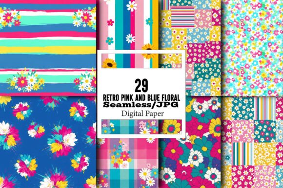 Retro Pink and Blue Floral Digital Paper