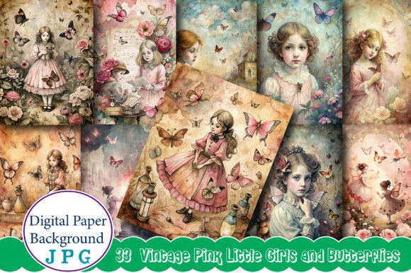 Vintage Pink Little Girls and Butterflie